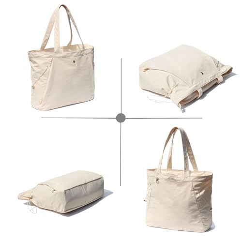 ESVAN Yoga Tote Bag for Women Shoulder Bags Drawstring for Office Workout Travel Carryall Pilates Gym and Beach - color: Beige