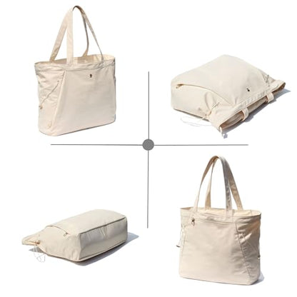 ESVAN Yoga Tote Bag for Women Shoulder Bags Drawstring for Office Workout Travel Carryall Pilates Gym and Beach - color: Beige
