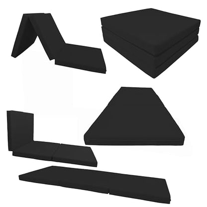 D&D Futon Furniture Trifold Foam Beds, Floor Tri-Fold Bed, Foldable Shikibuton Mattress Cushion Topper Mat for Space Saving Sleepover 3x27x75 in, Black