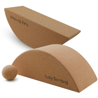 2 Pack Half Moon Cork Yoga Blocks with Cork Massage Ball, Calf Raise Block & Calf Stretcher, Foot Balance Trainer for Plantar Fasciitis Relief, Yoga Pilates Dance Stretching & Myofascial Release