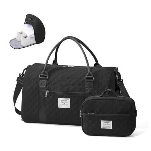 Gym Duffle Bag for Women with Shoe Compartment Waterproof Travel Tote Bags Personal Item Carry On Weekender Overnight Bags with Toiletry Bag Swimming Yoga Bags Hospital Holdalls Black - color: C7-Grid-Back