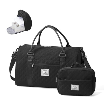 Gym Duffle Bag for Women with Shoe Compartment Waterproof Travel Tote Bags Personal Item Carry On Weekender Overnight Bags with Toiletry Bag Swimming Yoga Bags Hospital Holdalls Black - color: C7-Grid-Back