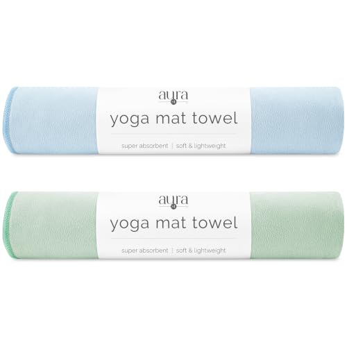 S&T INC. Aura Microfiber Yoga Mat Towel, 2 Pack, 26.5" x 72", Blue & Green | Soft and Absorbent, Quick-Dry for Gym, Pilates, and Hot Yoga, Compact for Gym Bag, Machine Washable - color: Blue & Sage Green