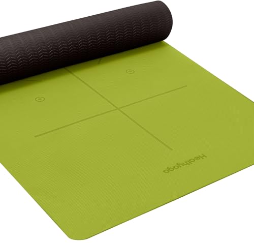 Heathyoga Yoga Mat Non Slip TPE Pilates Exercise Mats for Home Workout Gym Fitness Eco Friendly Thick Hot Yoga Mat with Strap Body Alignment,72"x 26" Thickness 1/4" - color: Grass Green