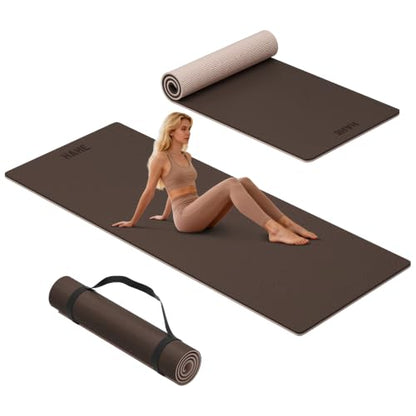 HAHE Wide Yoga Mat 72"x32"x0.4" Thick Pilates Mat with Carrying Strap | Exercise Mats for Home Workout, Wide Non-slip Exercise Mats, Double-Sided POE Fitness Mat for Yoga, Pilates & Travel - color: Dark Brown+Beige