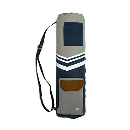 Open Road Goods Eco Friendly Yoga Mat Bag | Organic Yoga Bag For Extra Wide Mats | Yoga Mat Carrier for Men & Women: Full Zip, Adjustable Carry, Pockets, 100% Cotton Canvas - color: Blue and Grey