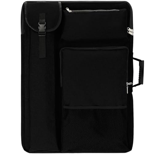 TreochtFUN Art Bags for Supplies Portfolio Case 19 X 25.5 in large | for Storage A2 Canvas Board A3 Sketchbook - Carrying Artwork with Backpack & Tote-handle - color: Black