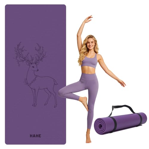 HAHE Extra Wide Yoga Mat, 75"x 32" POE Deer Print Exercise & Fitness Mat | 8mm Thick Large Yoga Mats for Men & Women, Pilates Mat for Home Workout, Non Slip Exercise Mats with Carry Strap - color: grape purple
