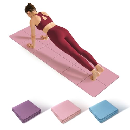 Foldable Yoga Mat Thick Non-Slip Exercise Mat | Packable Travel Fitness Mat, Carrying Bag Included, For Yoga, Pilates, Workout, Home & Gym Use - color: pink