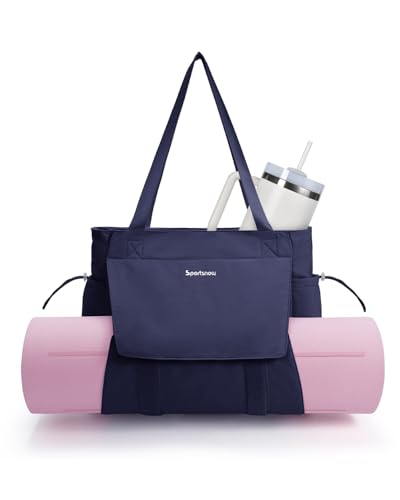 sportsnew Yoga Mat Bag Waterproof Tote Gym Bag Mat Carrier W/Wet Pocket | hook-and-loop mat holder 5s quick access, 40oz handled bottle pocket, wet bag, lightweight waterproof, drawstring pockets,19L - color: Navy Blue