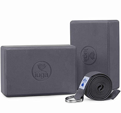 IUGA Yoga Blocks 2 Pack With Strap Non Slip High Density 9"x6"x3" Solid & Cork Yoga Block With Yoga Strap to Improve Strength Balance for Yoga Pilates Meditation