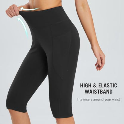 baleaf Women's Capri Leggings with Pockets Knee Length High Waisted - color: Black, size: X-Small