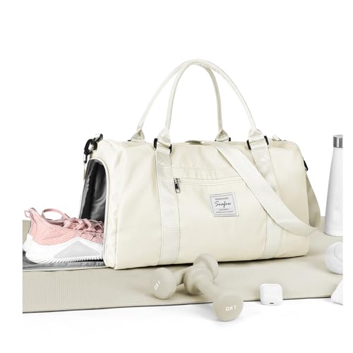 Gym Bag Womens Mens with Shoes Compartment and Wet Pocket Travel Duffel Bag for Women for Plane Sport Gym Tote Bags Swimming Yoga Small Waterproof Weekend Overnight Carry on Bag Hospital Holdalls - color: A12-Cream White