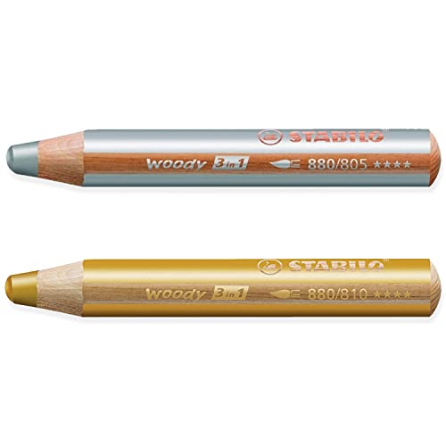 STABILO Multi-talented Pencil woody 3-in-1 - Pack of 2 Pencils - Gold & Silver