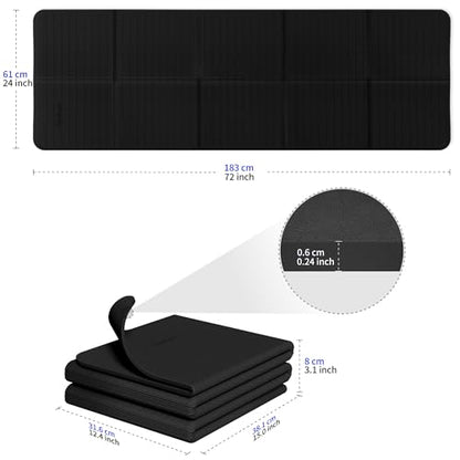 Readaeer Foldable Yoga Mat for Travel Folding Yoga Mat 6mm Thick with Carrying Bag, Non-Slip TPE Exercise Pilates Mat for 72" L x 24" W x 0.24 Inch - color: Black