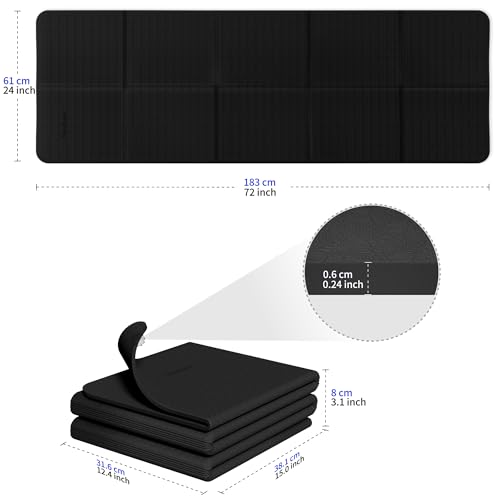 Readaeer Foldable Yoga Mat for Travel Folding Yoga Mat 6mm Thick with Carrying Bag, Non-Slip TPE Exercise Pilates Mat for 72" L x 24" W x 0.24 Inch - color: Black