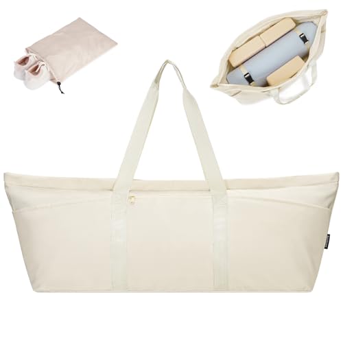 sportsnew Large Yoga Mat Bag Trolley Sleeve Gym Carrier Shoe Bag Wet Pocket | water-resistant fabric, large capacity,wide full-zip opening,separate shoe bag,2 yoga mat holder straps,multi-pocket storage - color: Beige
