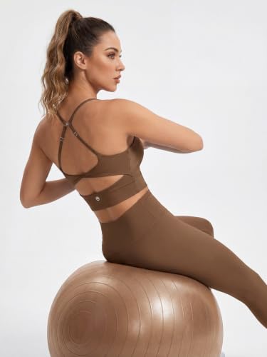 Aoysky Womens Strappy Sports Bra Adjustable Cross Back Longline Crop Top | Buttery soft fabric, Removable padded cups, Convertible straight/cross back, U-neck longline, Yoga gym pilates daily wear - color: Brown, size: X-Small