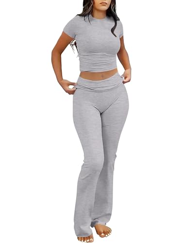 ANRABESS 2 Piece Lounge sets for Women | Crop Top & Foldover Flare Leggings, Yoga Workout Matching Sets, Comfy Stretchy, Trendy Y2k Clothes, Summer Wear Fall Layer - color: Grey, size: X-Small