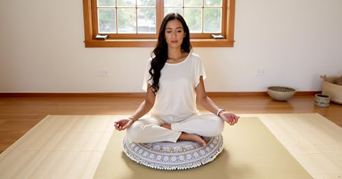 CRAFT KALA 32 Inch Meditation Floor Pillow Cover Round Pillow Seating Hippie Decorative Adults Bohemian Mandala Cushion Cover Outdoor Living Room Throw Ottoman Poufs Cover (White Gold Elephant) - color: White Gold Elephant