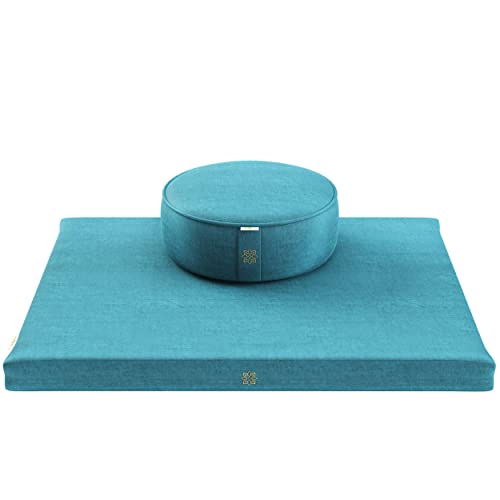 Mindful Modern Meditation Cushion & Mat Bundle - Luxury Velvet Zafu Floor Pillow & Rectangular Mat - Turquoise