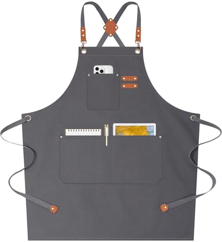 AFUN Chef Aprons for Women Men with Oversized Pockets, 12-Ounce Cotton Canvas Cross Back Water Repellent Apron (Grey) - color: Grey