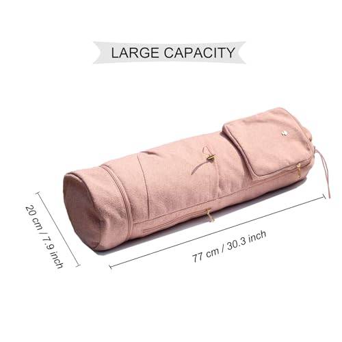 ESVAN Yoga Mat Bag with Multi Pockets Drawstring Yoga Mat Carrier Pilates Exercise Multi-Functional Storage Bag - color: Linen Pink