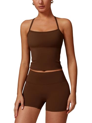 ABOCIW 2 Pieces Workout Sets for Women, Cross Back Tank Top Matching High Waist Biker Shorts, Gym Yoga Pilates Outfits - color: Brown, size: Small