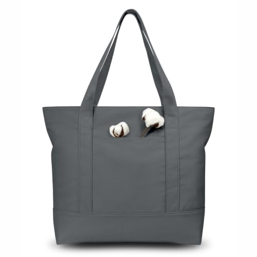 TOPDesign 1-Pack Canvas Tote Bag with an External Pocket, Reusable Grocery Shopping Bag, Top Zipper Closure, Daily Essentials (Grey) - color: Grey
