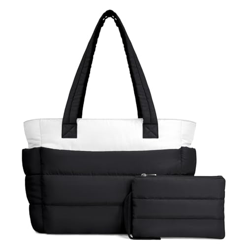 TOPDesign Puffer Tote Bag for Women, Lightweight Puffy Handbag with Compartments, Quilted Shoulder Bag for Work, Travel, Gym - color: Black/White, size: Medium