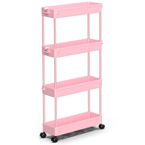 SPACEKEEPER Slim Rolling Storage Cart, 4 Tier Bathroom Cart Organizer, Pink | Narrow Rolling Cart with Wheels for Kitchen Office Bathroom Laundry Room,Mobile Utility Cart for Craft Art Makeup Nail Polish - color: Pink