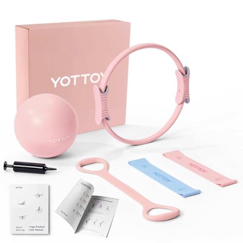 YOTTOY Pilates Ring and Ball Set, Figure 8 Resistance Bands, Stretch Bands&Guide,Pilates Equipment Set for Beginners for Home Workouts Core Strength, Yoga, Physical Therapy & Rehab - color: Pink, size: 13.5 Inch