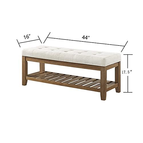 24KF Large Rectangular Upholstered Tufted Linen Ottoman Bench, Padded Bench with Solid Wood Shelf-Ivory - color: Ivory-bench, size: 16"D x 44"W x 18"H