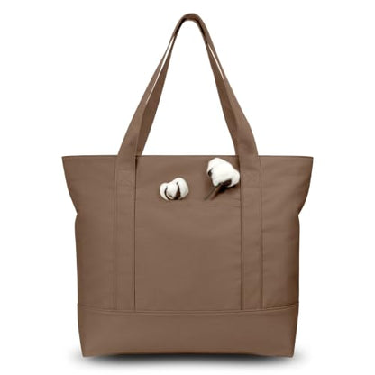 TOPDesign 1-Pack Canvas Tote Bag with an External Pocket, Reusable Grocery Shopping Bag, Top Zipper Closure, Daily Essentials (Brown) - color: Brown