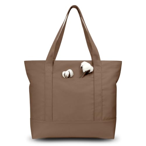 TOPDesign 1-Pack Canvas Tote Bag with an External Pocket, Reusable Grocery Shopping Bag, Top Zipper Closure, Daily Essentials (Brown) - color: Brown