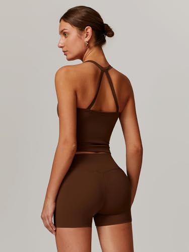 ABOCIW 2 Pieces Workout Sets for Women, Cross Back Tank Top Matching High Waist Biker Shorts, Gym Yoga Pilates Outfits - color: Brown, size: Large