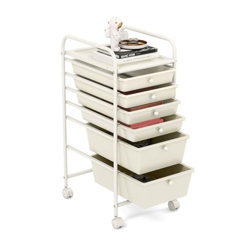 GOFLAME 6-Drawer Rolling Storage Cart, Multifunctional Art Supply Organizer Cart, Mobile Utility Storage Cart with Removable Drawers & Lockable Wheels, Craft Cart for Home Office, White - color: White, size: 6-Drawer without Wood Top