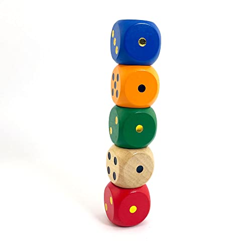 SmartDealsPro Set of 5 Random Color Large 1 1/5" Round Edge Wooden Dice (5 Colors with dots) - color: 5 Colors 5 Pieces
