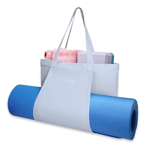 Yoga Mat Bag for Women, Pure Cotton Canvas Yoga Tote with Wet/Dry Pocket, Bottle Holder & Inner Zipper Pocket, Yoga Mat Carrier Bag for Pilates, Gym, Travel, Beach - color: Light blue