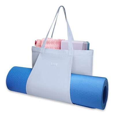 Yoga Mat Bag for Women, Pure Cotton Canvas Yoga Tote with Wet/Dry Pocket, Bottle Holder & Inner Zipper Pocket, Yoga Mat Carrier Bag for Pilates, Gym, Travel, Beach - color: Light blue