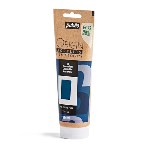 PEBEO Origin Acrylics 120ml Matte Acrylic Paint, Cerulean Blue | Soft sky-blue acrylic paint - matte, high viscosity, intense lightfast color, atmospheric mixes, 100% recycled binder - color: Cerulean Blue