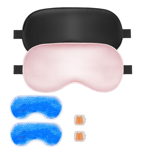 Sleep mask w/Cooling Gel Eye Mask, 2Packs Heated Eye Mask for Sleeping, Reusable Ice Silk Blackout Eye Cover Sleeping Mask for Travel, Home, Office, Yoga, Stocking Stuffers (Black+Pink) - color: Black & Pink