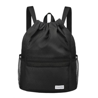 Waterproof Drawstring Backpack Sports Gym Sackpack with Mesh Pockets Water-Resistant String Cinch Beach Bag for Men Women - color: Solid - Black
