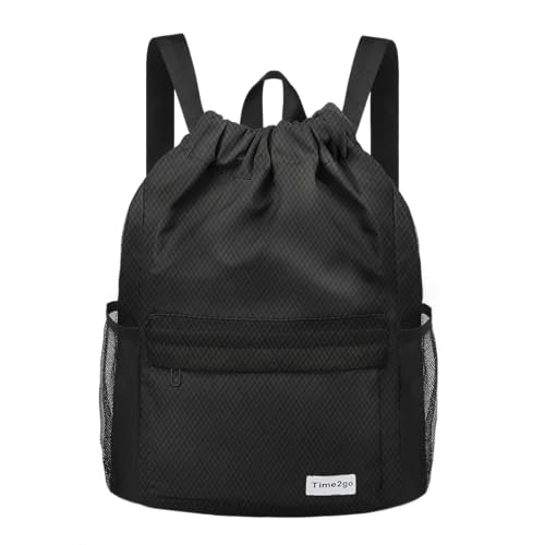 Waterproof Drawstring Backpack Sports Gym Sackpack with Mesh Pockets Water-Resistant String Cinch Beach Bag for Men Women - color: Solid - Black
