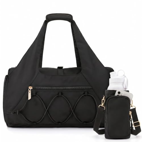 Gym Bag for Women, Yoga Mat Bag with Shoe Compartment and Wet Pocket, Sport Yoga Gym Bag with Yoga Strap, Carryall Yoga Tote Bag - color: Black