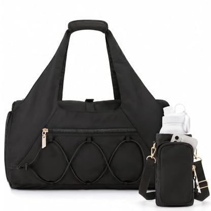 Gym Bag for Women, Yoga Mat Bag with Shoe Compartment and Wet Pocket, Sport Yoga Gym Bag with Yoga Strap, Carryall Yoga Tote Bag - color: Black