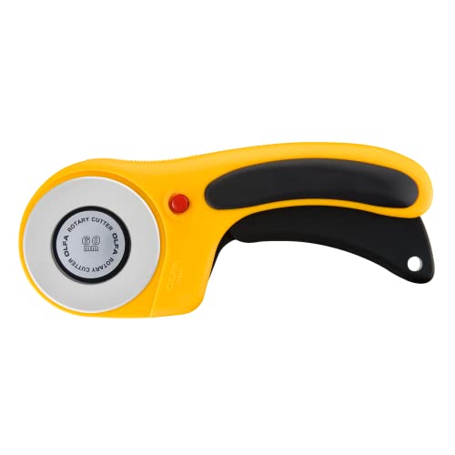 OLFA 60mm Ergonomic Squeeze-Handle Rotary Cutter (RTY-3/DX) - 12-Layer | 60mm endurance tungsten steel, squeeze trigger auto-retract - Heavy-duty fabric cutting - Quilters and Crafters