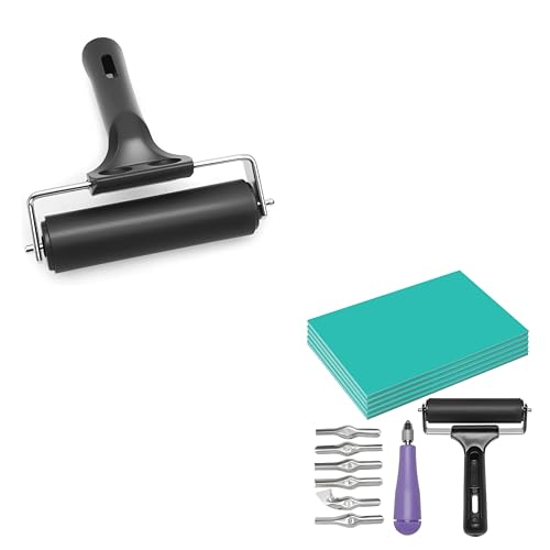 UCEC 1+7 Pack Brayer Roller for Printmaking 6 Inch & Linocut Block Printing Kit – Includes 5 Soft 4" x 6" Linoleum Blocks and Lino Cutting Tools with 6 Blades Universal Size, 4’’ Brayer Roller, Comple