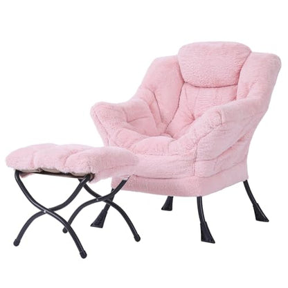Tiita Lazy Chair with Ottoman, Comfy Reading Accent Chair, Plush Pink - color: Plush-pink