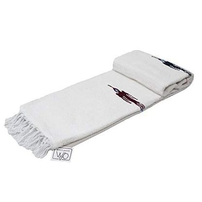 Open Road Goods Namaste White Yoga Blanket - Thick Mexican Thunderbird Blanket - Handmade and Made for Yoga!